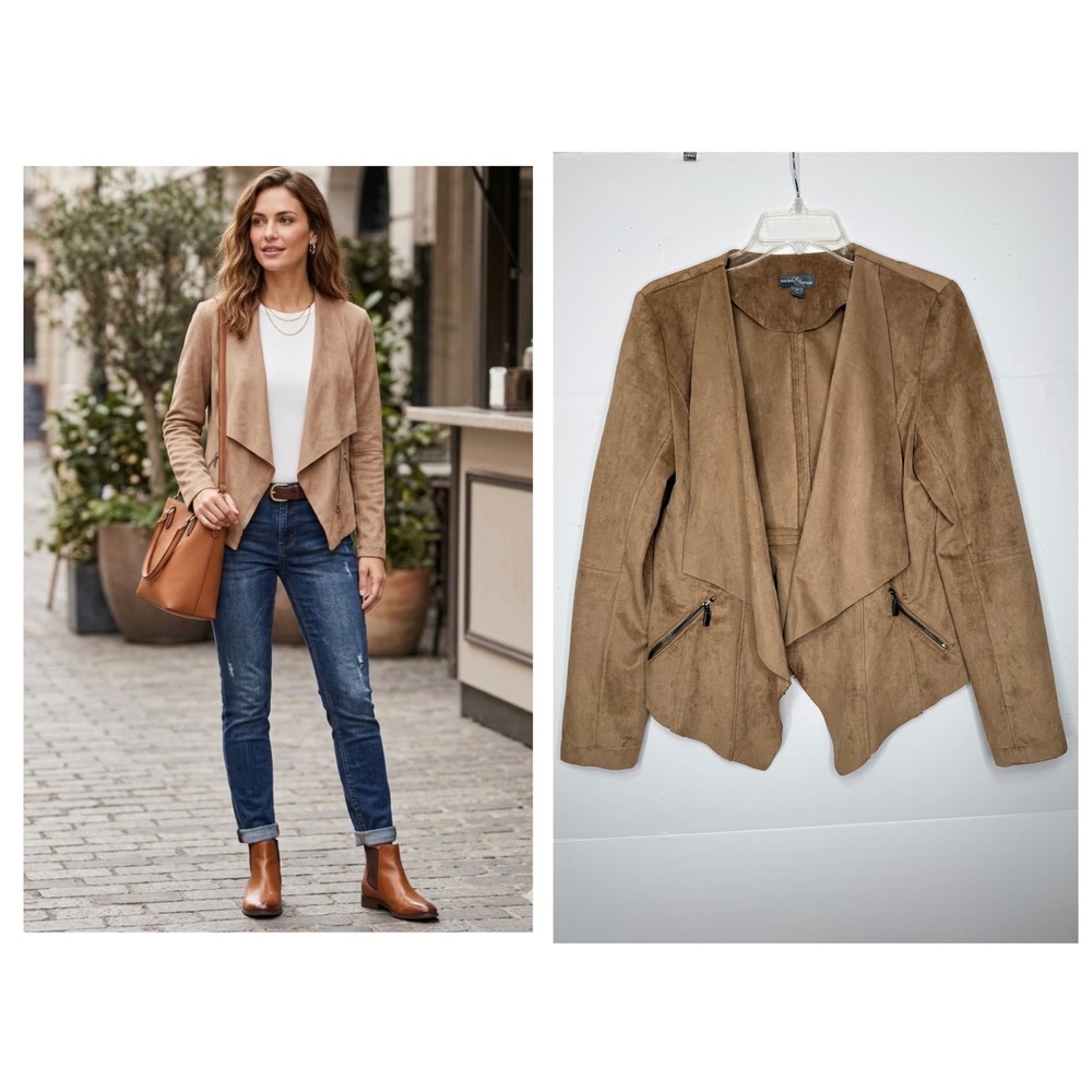 Market & Spruce Faux Suede Jacket Womens M Tan Waterfall Drape Business Casual